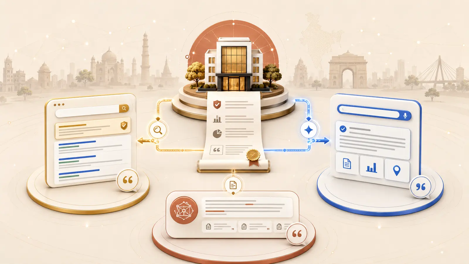 AEO and GEO framework connecting an Indian business to search results, direct answers and generative AI discovery