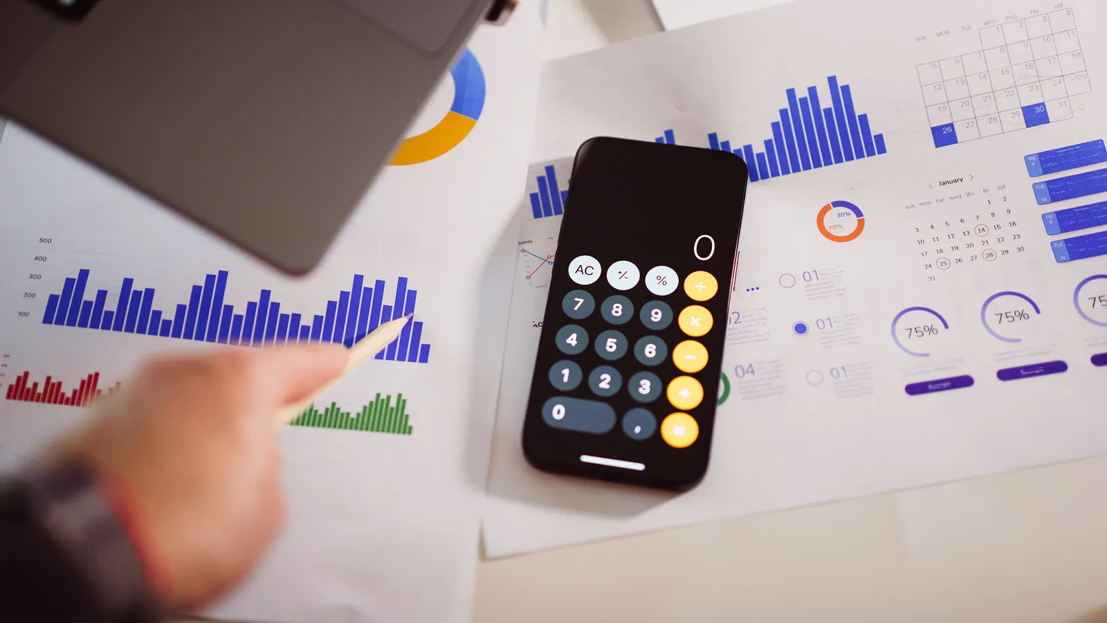 Business budget workspace with calculator, charts and laptop for planning digital marketing costs in Kolkata