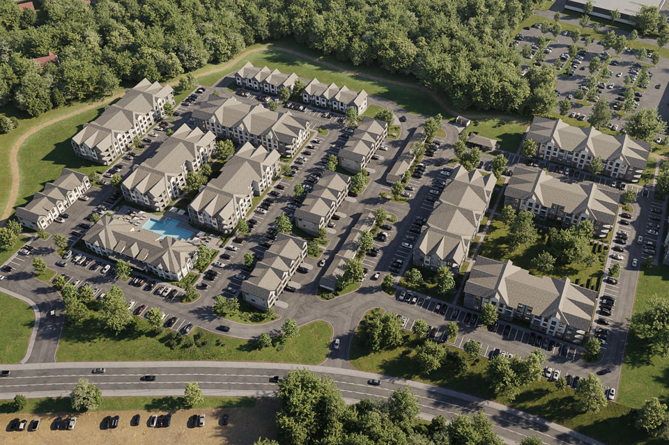 Aerial rendering of Chelsea on Cornerstone apartment buildings, pool and parking beside wooded land