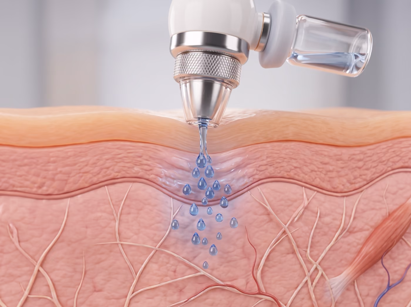 3D-Hautquerschnitt: Das Ultrasound-Import-Handstück schleust Hyaluron ohne Nadel tief in die Hautschichten ein