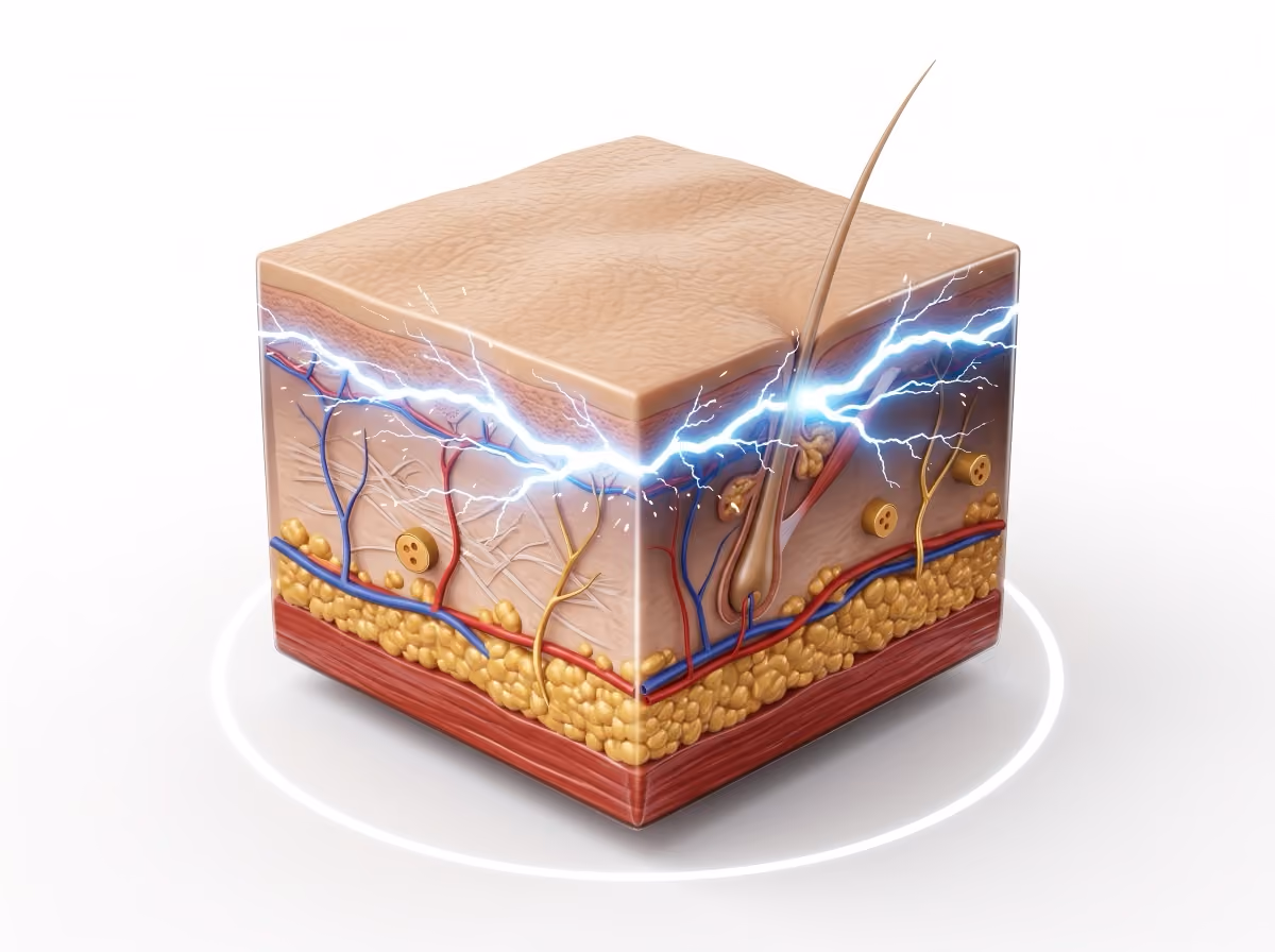 Anatomischer Hautquerschnitt: 755-nm-Laserenergie als heller Lichtbogen in den oberen 2 bis 3 Millimetern der Haut, heller Hauttyp (Fitzpatrick I bis III) mit feinem, hell pigmentiertem Haar