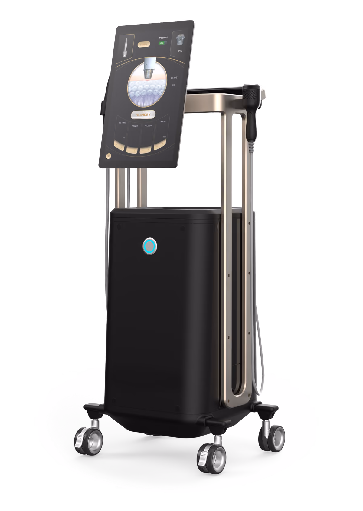 RF-Microneedling-Gerät von KROND für Anti-Aging-Behandlungen: schwarzes Standgerät mit geneigtem Touchscreen und Handstück in der Halterung