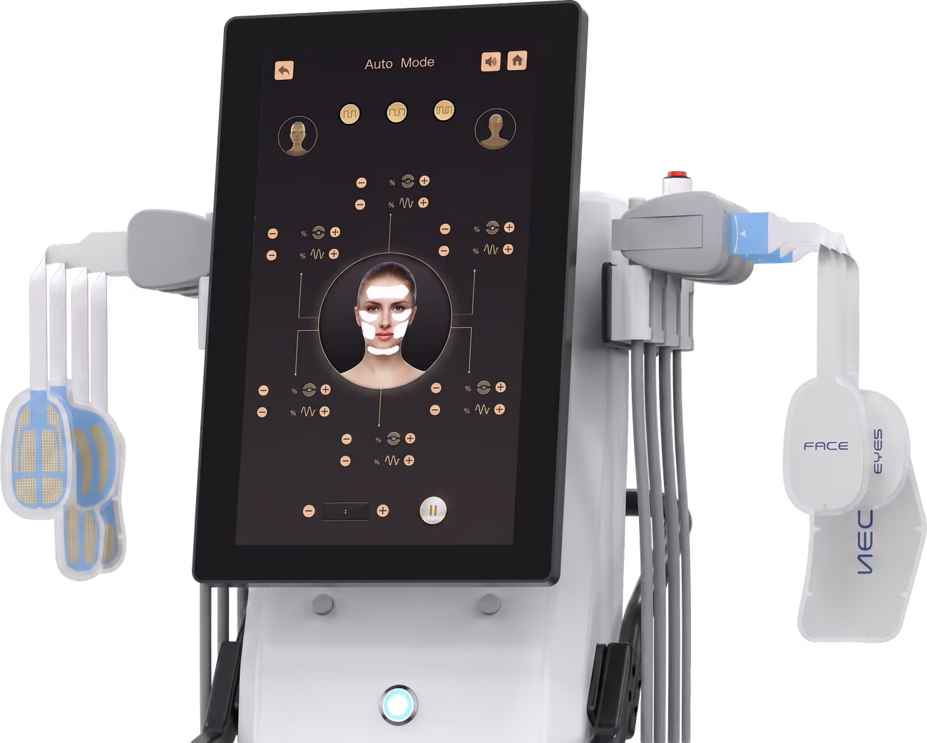 EMS-Gesichtsgerät mit Touchscreen im Auto-Modus, seitlich die Gesichts-, Augen- und Halspatches