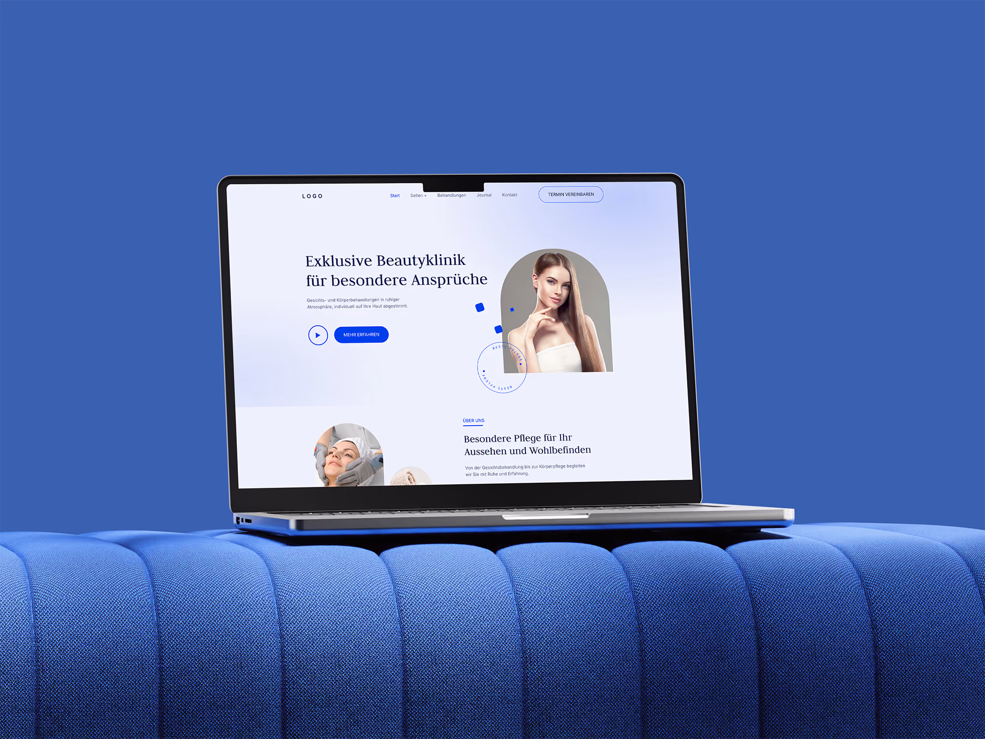 Musterseite in der Stilwelt Soft Luxury: helle Beauty-Website mit viel Weißraum und lavendelblauen Flächen, gebaut von KROND