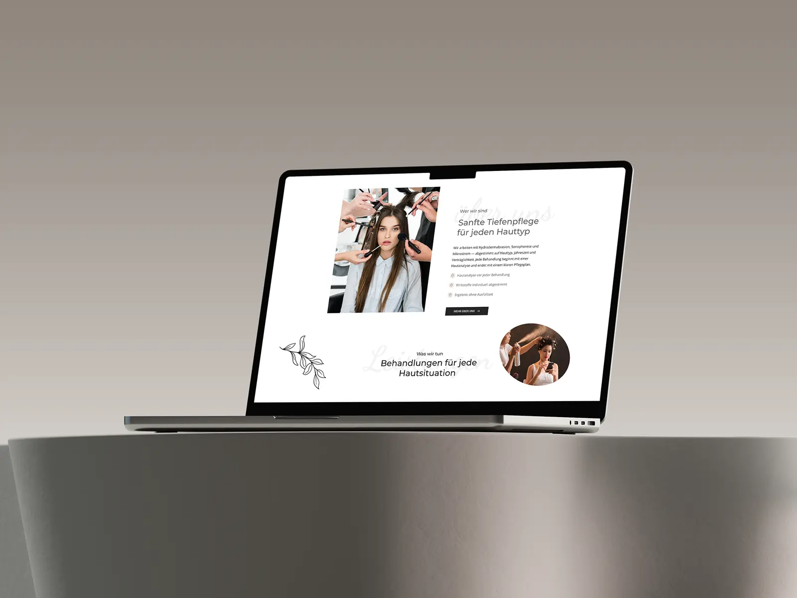Musterseite in der Stilwelt Organic Luxury: Beauty-Website in Ivory und Blush mit Pflanzen und natürlichem Licht, gebaut von KROND