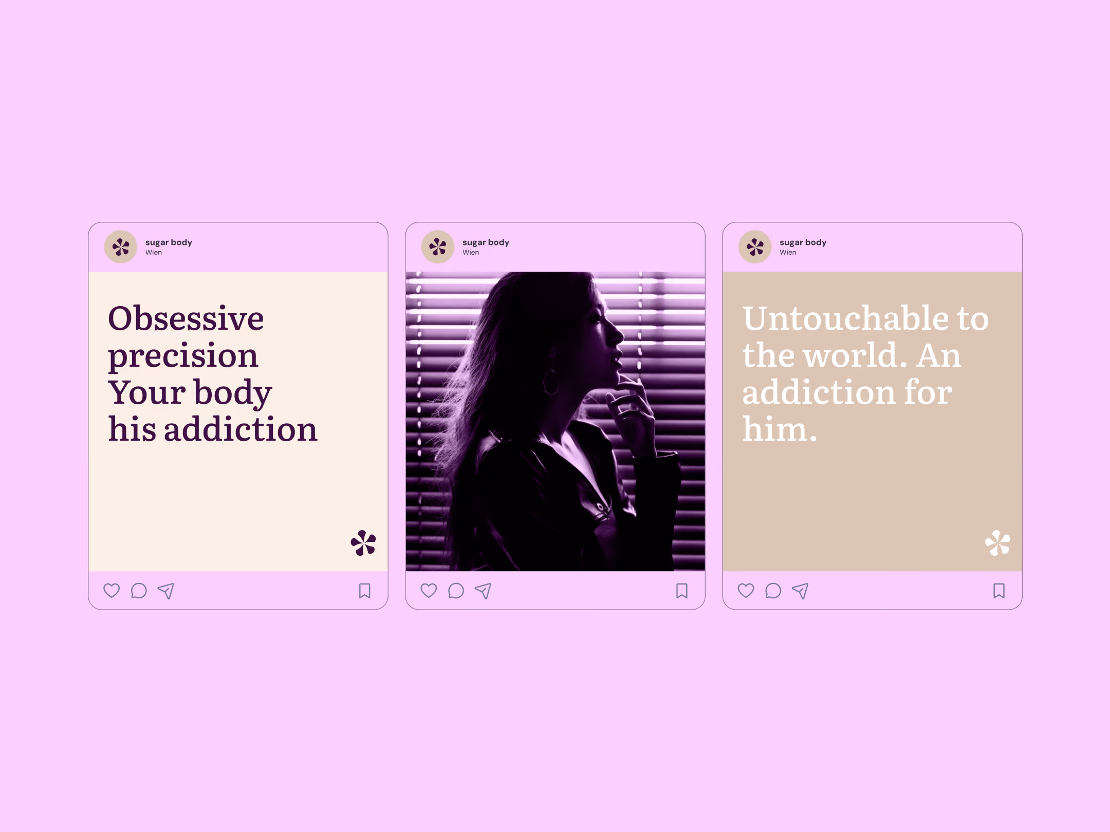 Drei Social-Media-Beiträge von Sugar Body nach demselben Raster: Textkachel, getöntes Foto und Textkachel