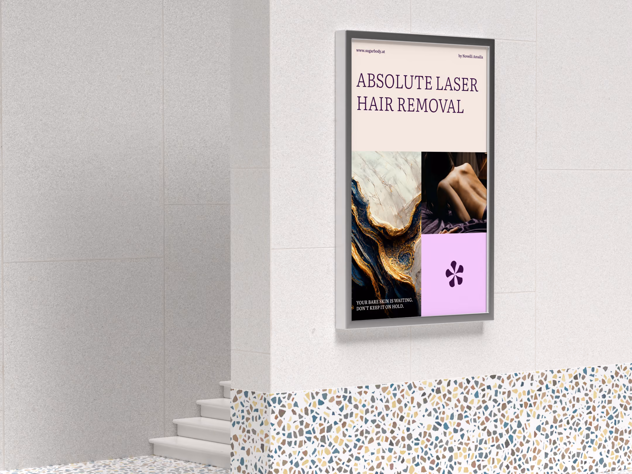 Plakat im Eingangsbereich: Absolute Laser Hair Removal über einem Raster aus Materialbild, Anwendungsfoto und Signet auf Orchidee