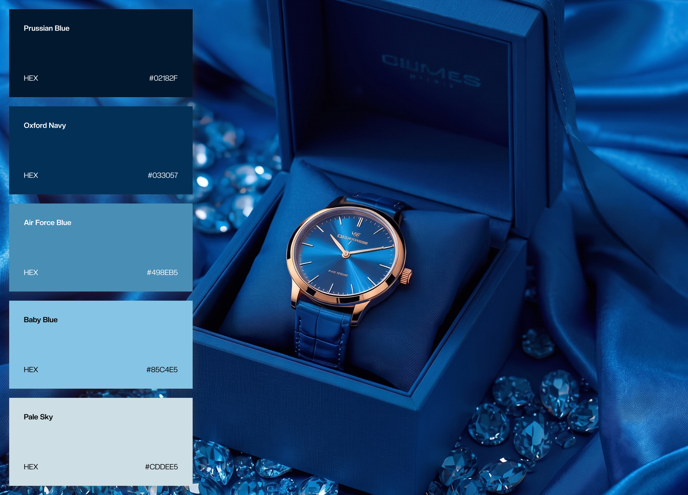 Farbtafel Eisblau und Marineblau für ein Kosmetikstudio, fünf Farbfelder mit Farbname und HEX-Wert von Preußischblau über Marineblau und Stahlblau bis Blassblau, daneben eine Armbanduhr in einer offenen Schatulle auf blauer Seide