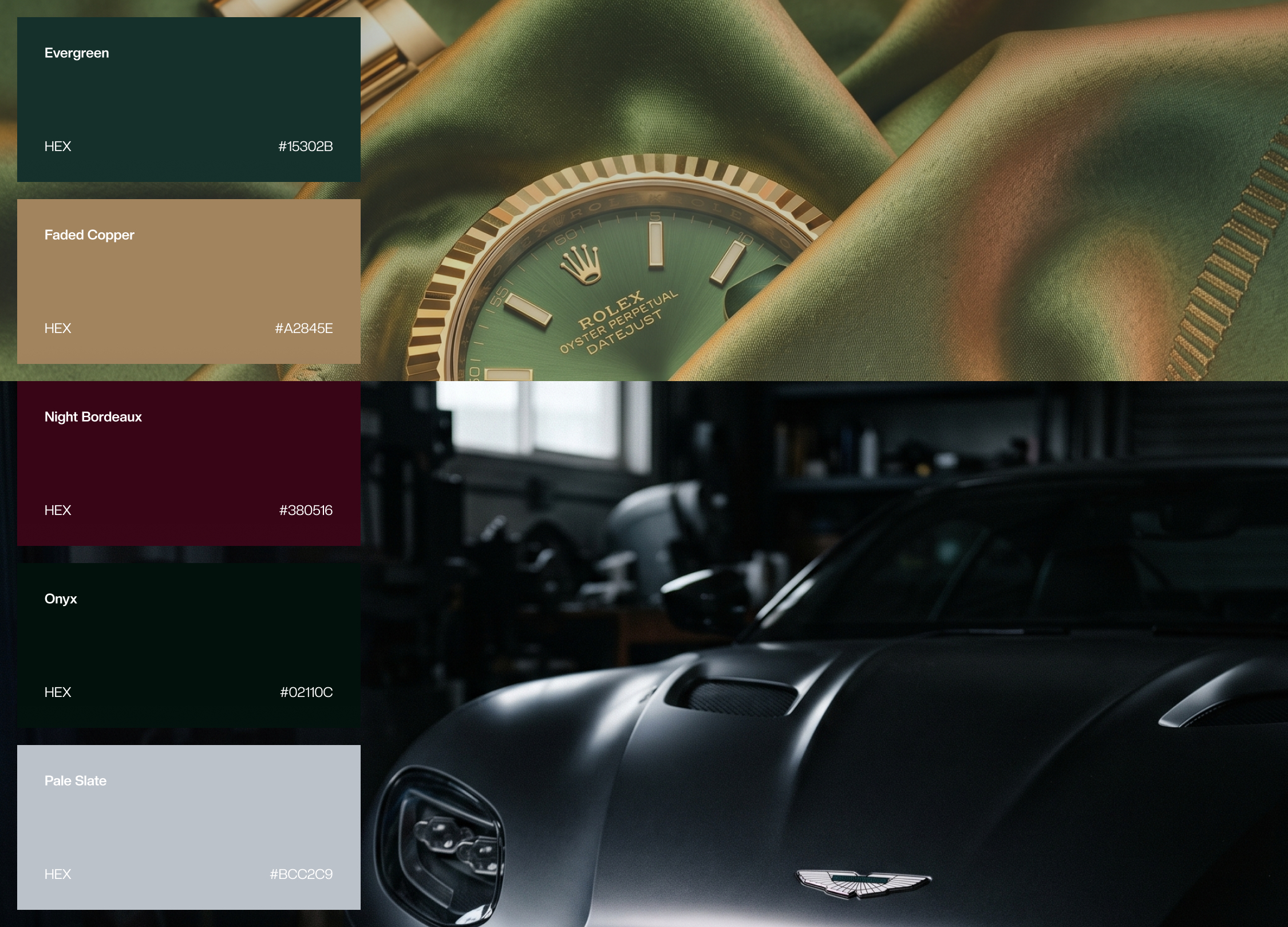 Farbtafel Tannengrün und Kupfer für ein Kosmetikstudio, fünf Farbfelder mit Farbname und HEX-Wert von Tannengrün über Kupfer, Bordeaux und Onyx bis hellem Grau, daneben zwei dunkle Produktaufnahmen, eine Uhr auf grünem Samt und die Front eines schwarzen Sportwagens