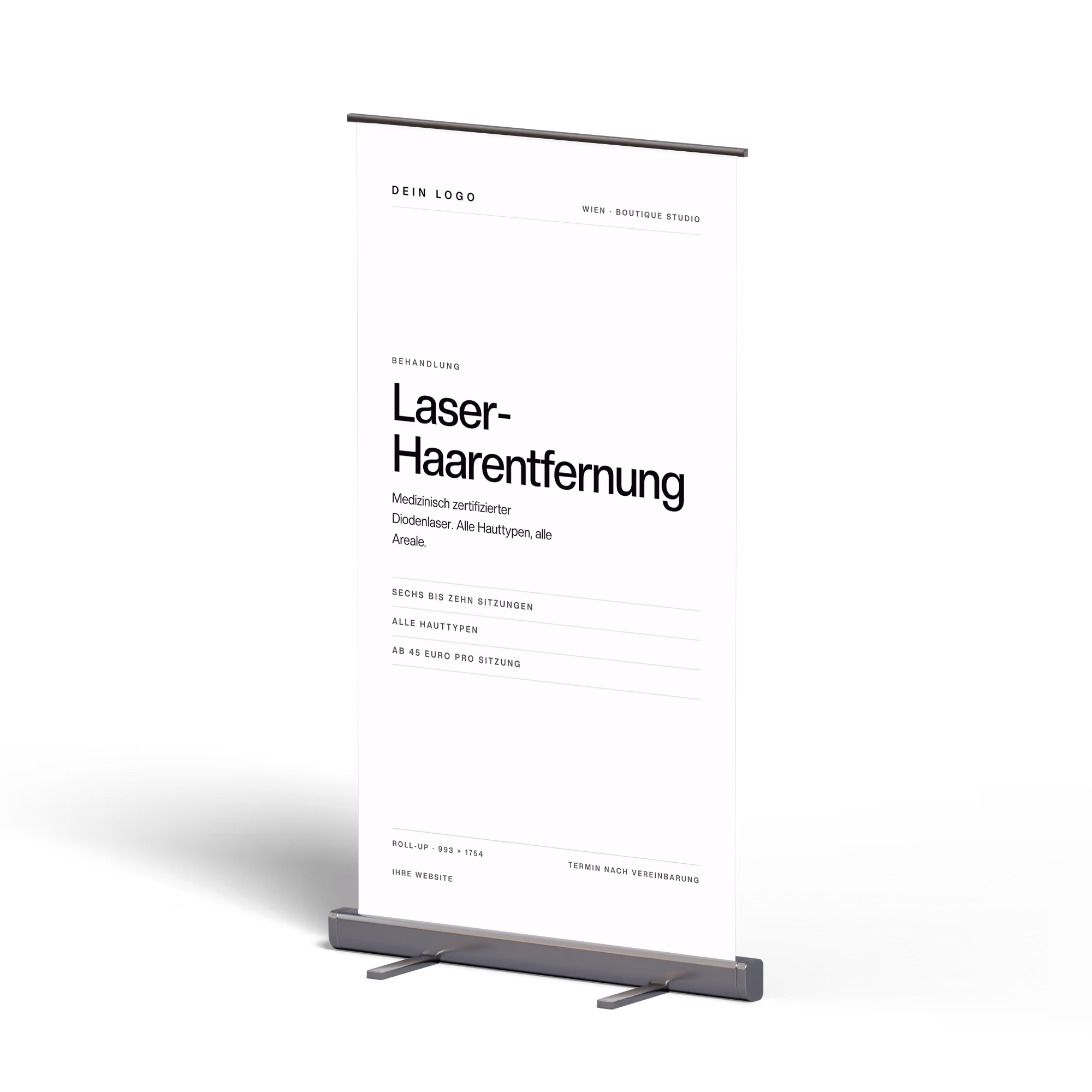 Roll-up für Kosmetikstudios auf seinem Standfuß, Motiv Laser-Haarentfernung mit Sitzungsanzahl, Hauttypen und Preis ab 45 Euro pro Sitzung