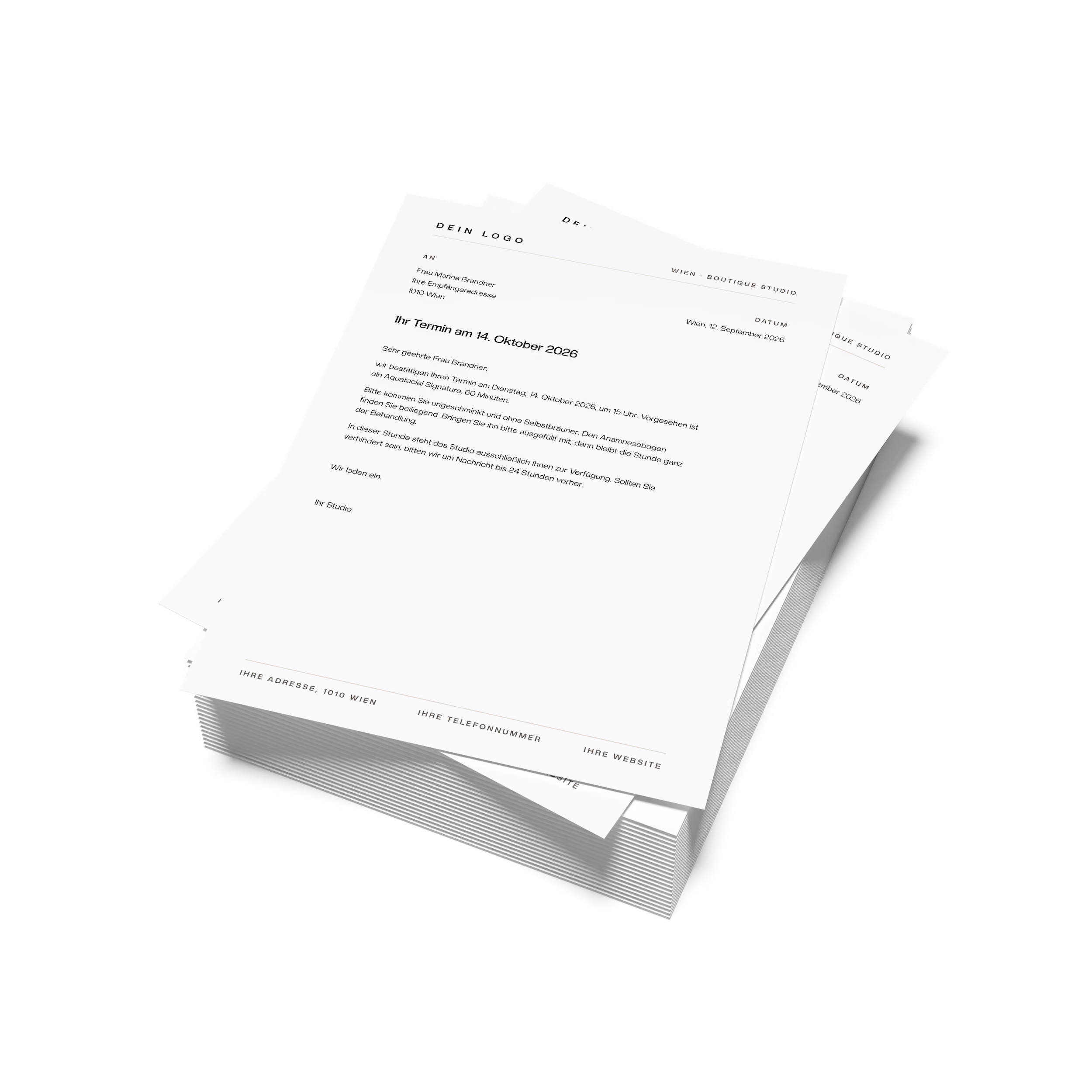 Stapel Briefbögen für Kosmetikstudios mit einer Terminbestätigung auf dem obersten Bogen und Adresse, Telefonnummer und Website in der Fußzeile