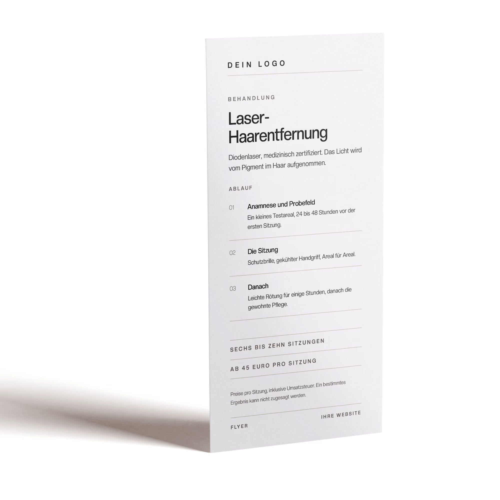 Aufgestellter Flyer für Kosmetikstudios zur Laser-Haarentfernung mit dem Ablauf in drei Schritten, der Anzahl der Sitzungen und dem Preis ab 45 Euro pro Sitzung