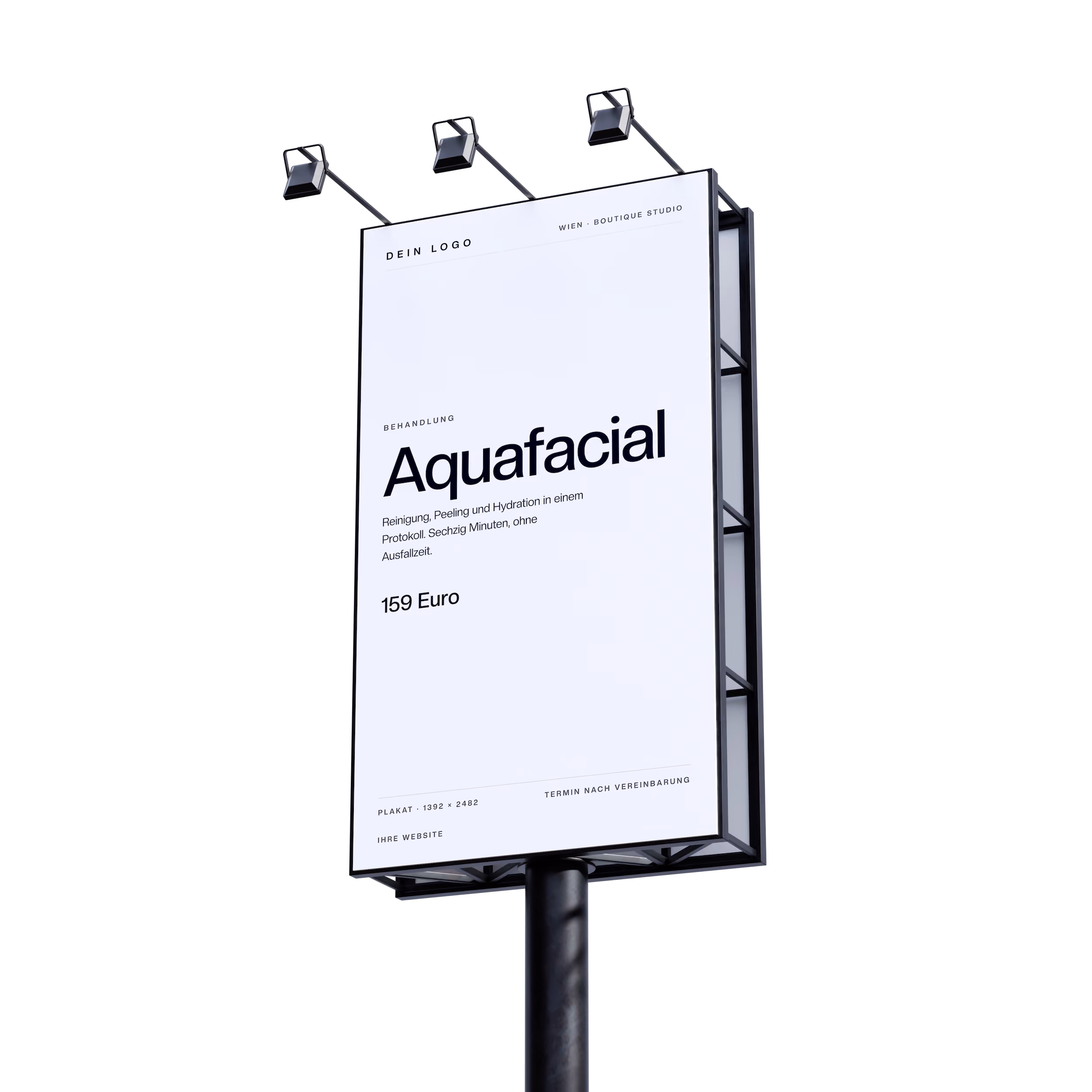 Plakat für Kosmetikstudios auf einer Werbetafel mit Mast und drei Strahlern, Motiv Aquafacial mit kurzer Beschreibung und Preis von 159 Euro