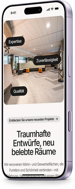 Beispiel-Website für ein Renovierungsunternehmen auf dem Smartphone: Startseite mit einem neu ausgebauten Büroraum