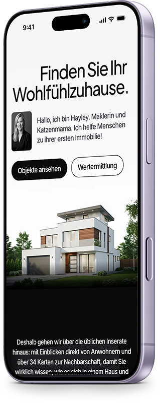 Beispiel-Website für eine Immobilienmaklerin auf dem Smartphone: Startseite mit Porträt der Maklerin und einem modernen Einfamilienhaus
