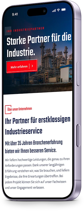 Beispiel-Website für einen Industriedienstleister auf dem Smartphone: Startseite mit einer Industrieanlage