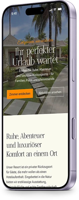 Beispiel-Website für ein Resort auf dem Smartphone: Startseite mit Tropengarten und Buttons für Zimmer und Aktivitäten