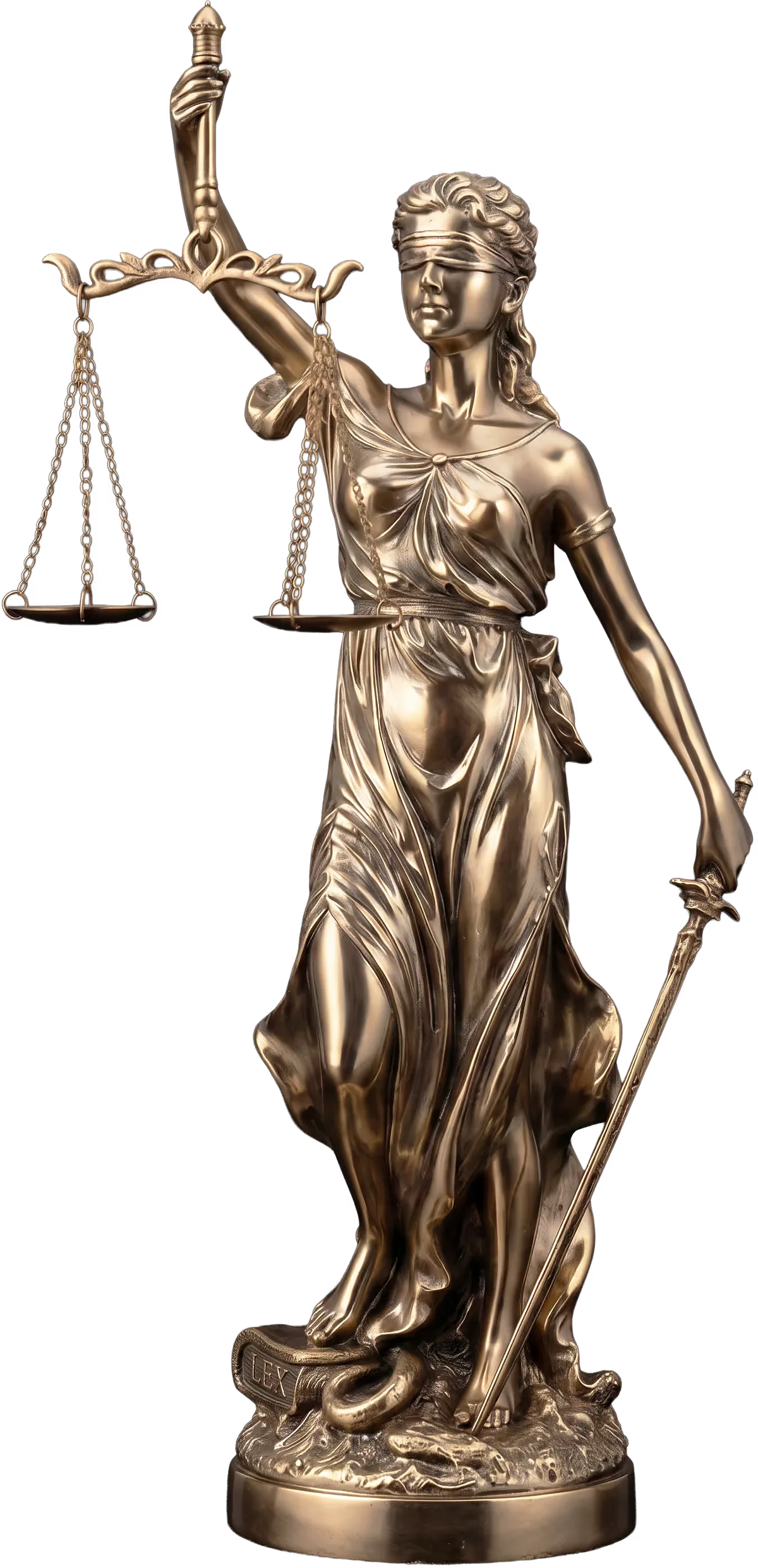 Justitia-Bronzefigur mit Waage und Schwert als Sinnbild für Rechtssicherheit im Kosmetikstudio