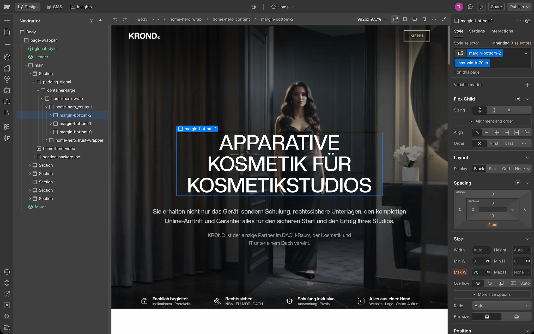 Webflow-Entwicklung im Designer: KROND-Startseite mit Client-First-Struktur im Navigator, die Hauptüberschrift ist ausgewählt