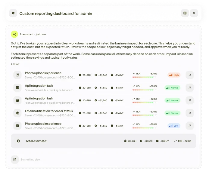 Value-based estimate with cost and projected ROI in Selleris Connect