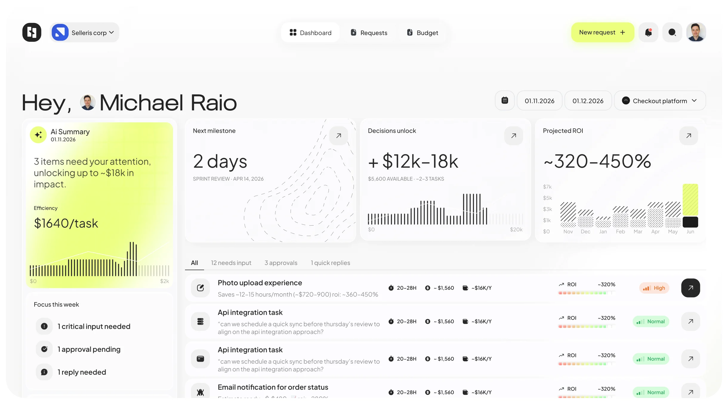 Selleris Connect client dashboard — progress, budget, and projected ROI overview