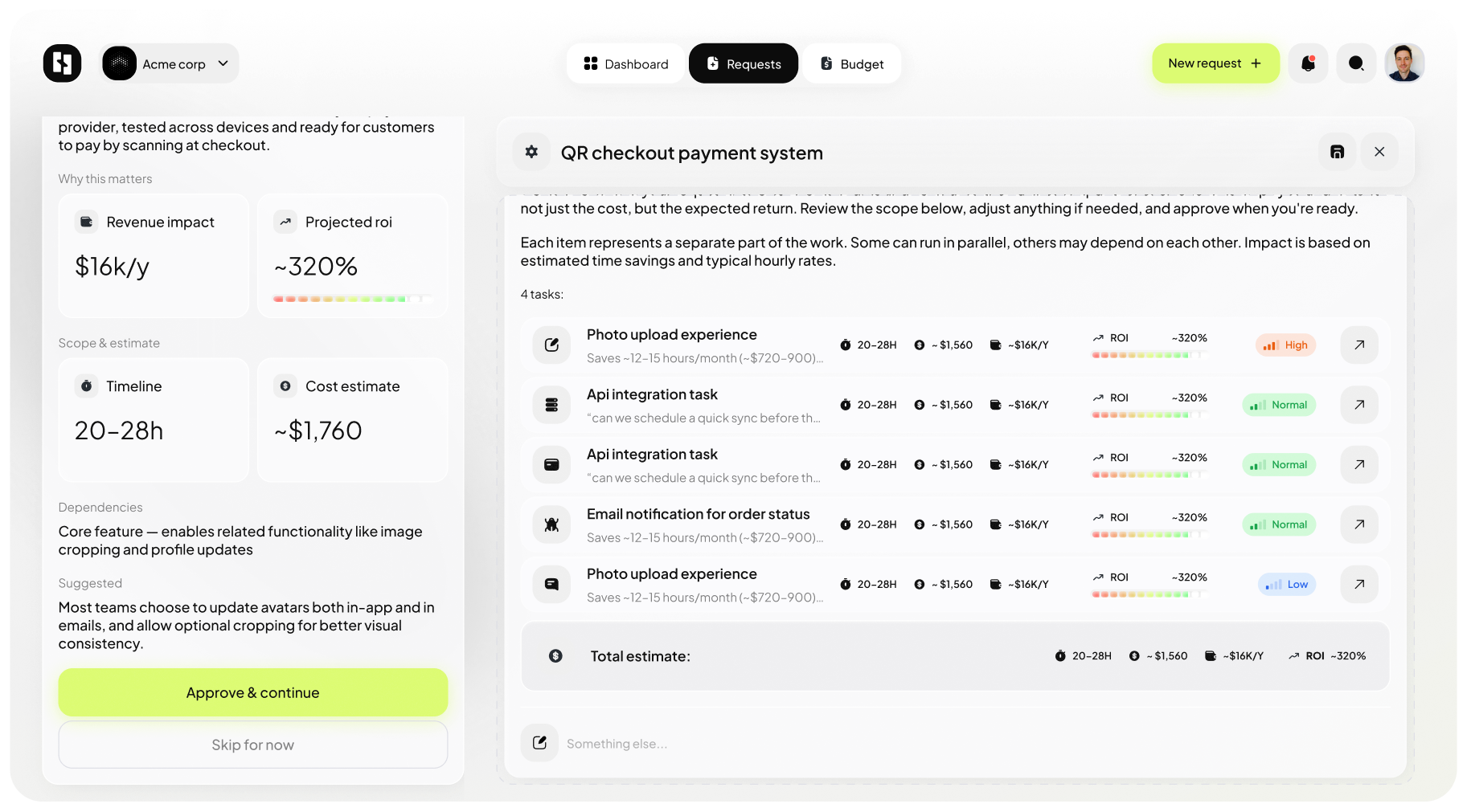 Selleris Connect approval screen — client approves scope, cost, and expected value before work starts
