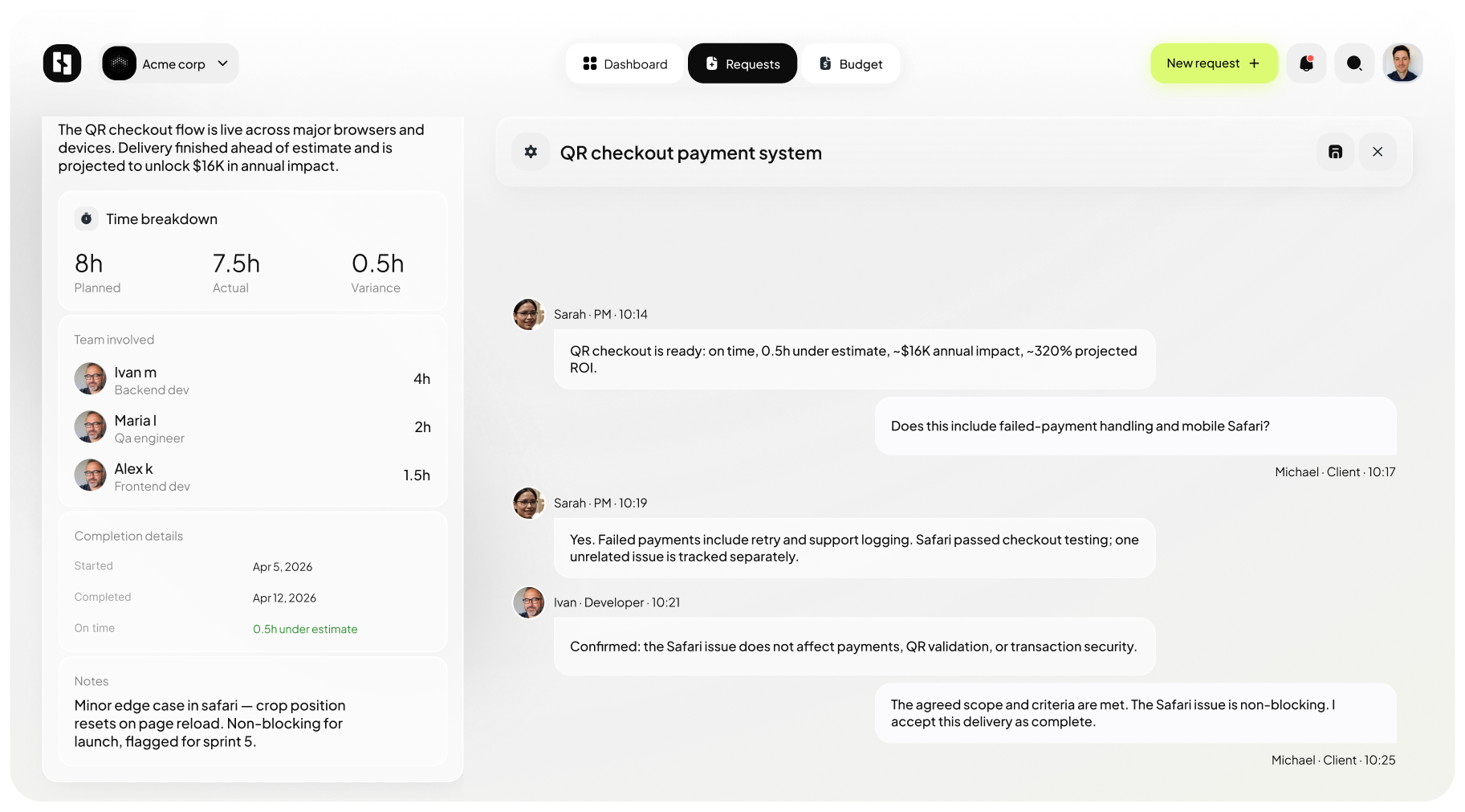 Selleris Connect reports screen — client-ready report on outcomes and budget