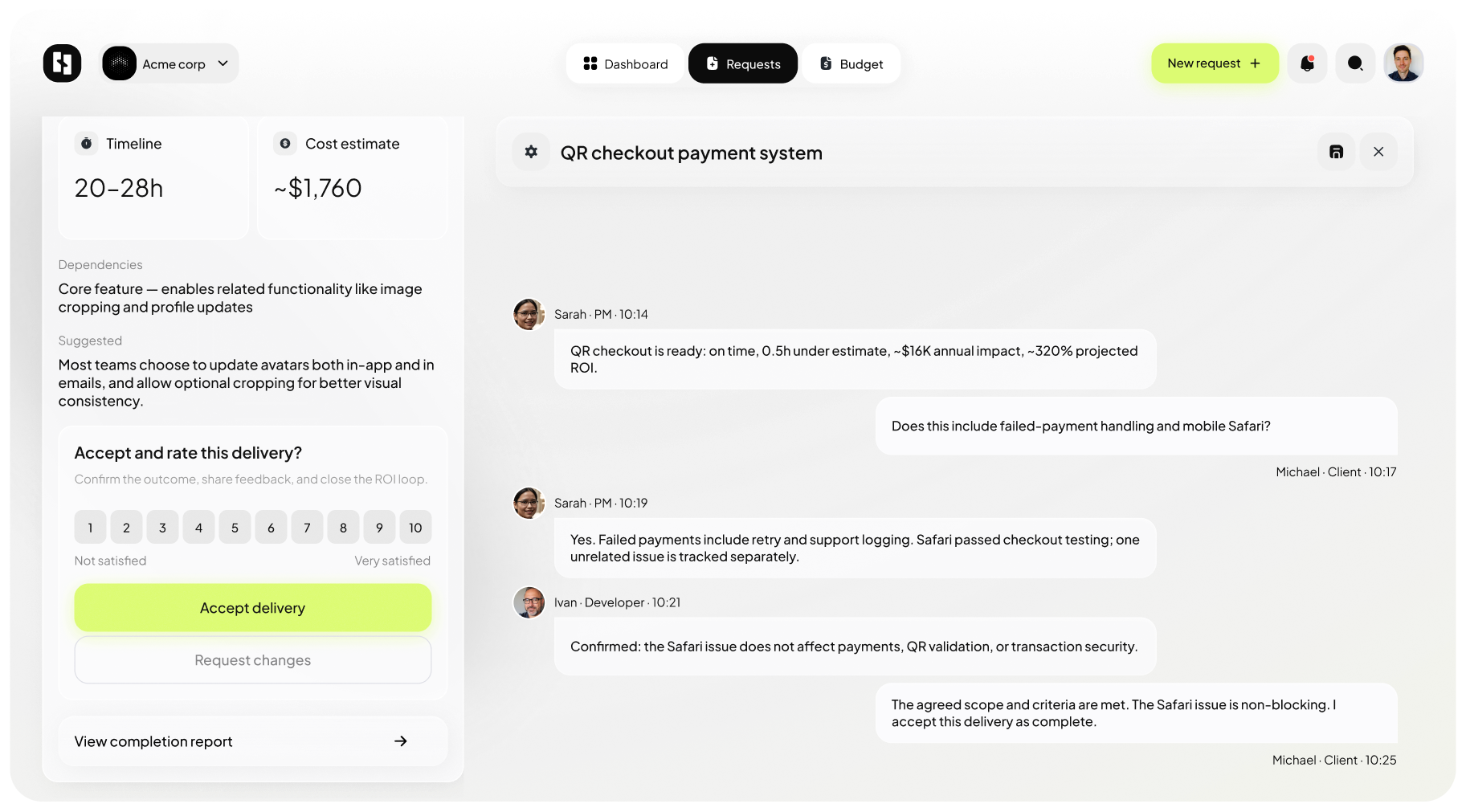Selleris Connect acceptance screen — client reviews and accepts delivered work