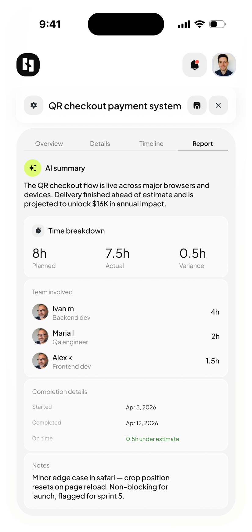 Selleris Connect reports screen on mobile — outcomes and budget report