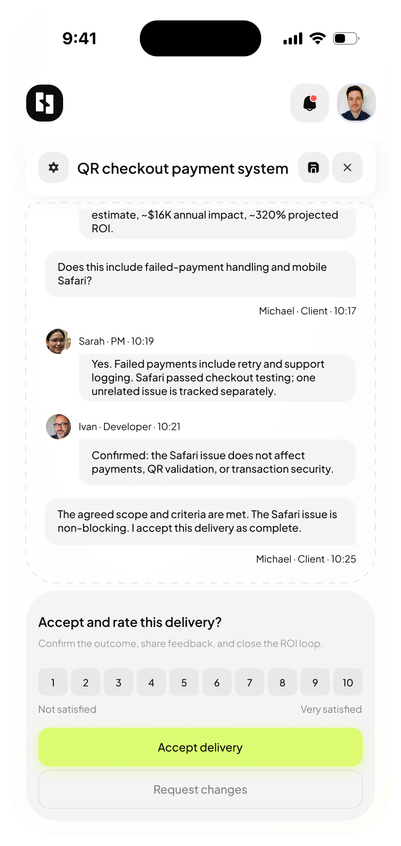 Selleris Connect acceptance screen on mobile — client accepts delivered work