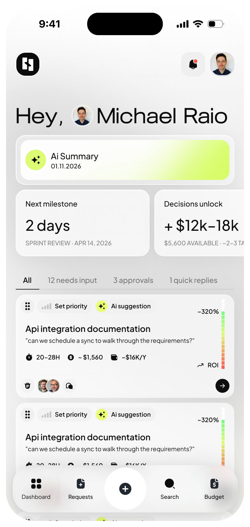 Selleris Connect client dashboard on mobile — progress, budget, and projected ROI