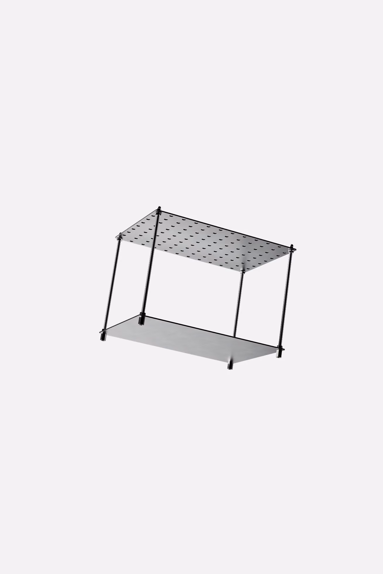 Ein minimalistisches, modernes Regalsystem mit zwei Ebenen, bestehend aus dünnen Metallstangen und -böden, der obere Boden ist perforiert.
