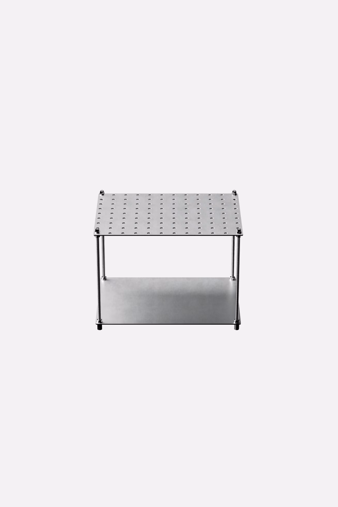 Metallgestell mit zwei Ebenen, obere Ebene perforiert mit vielen Löchern, untere Ebene solide, vier gerade Stangen verbinden die Ebenen, auf hellem Hintergrund.