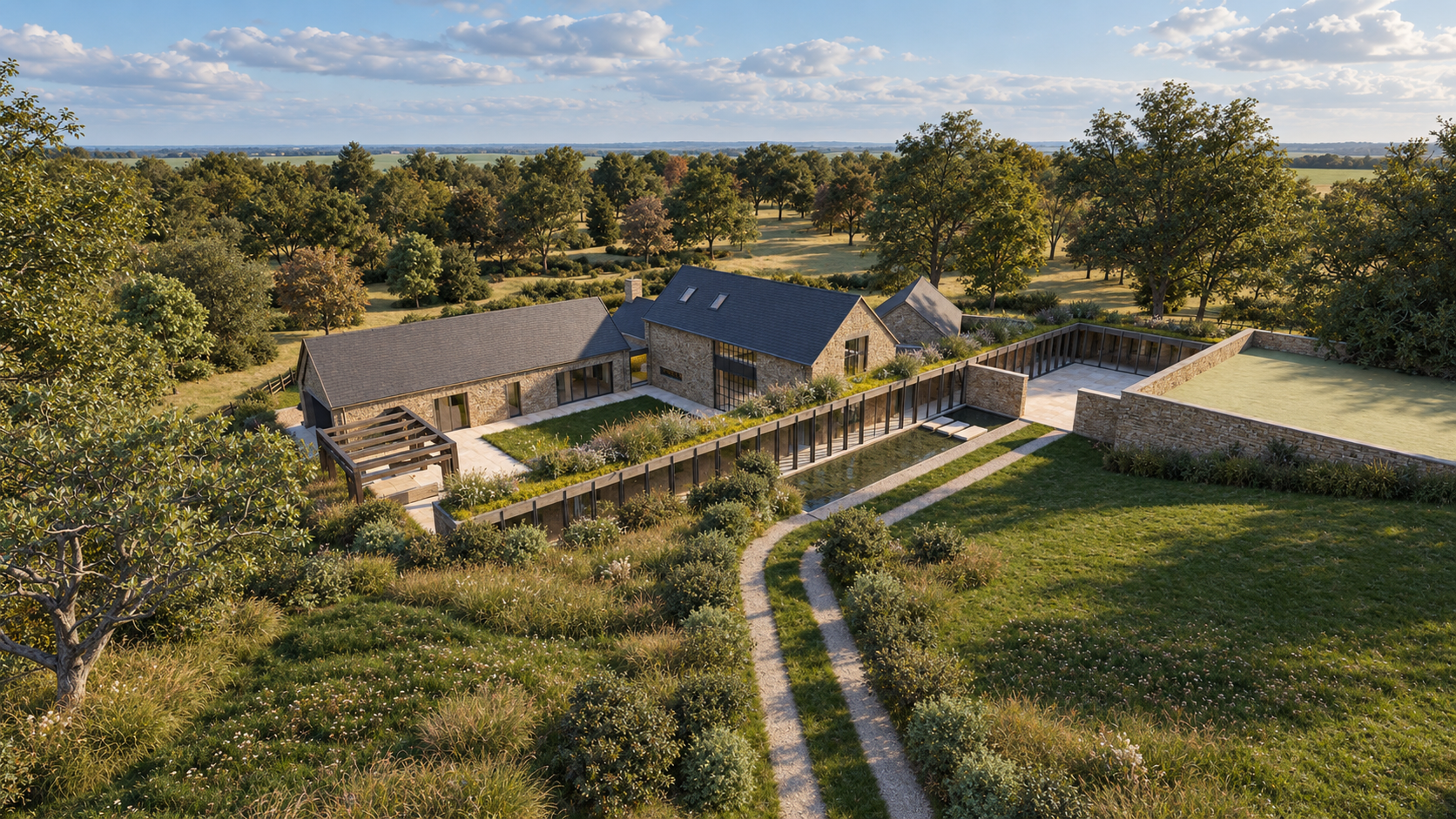 Aerial CGI of The Grange in Swalcliffe, showing stone buildings, a glazed extension with a planted roof, and landscaped grounds.