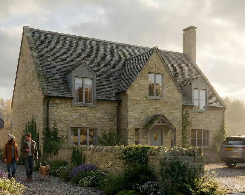 Architectural visualisation of a stone house with gabled roofs and a landscaped front garden.