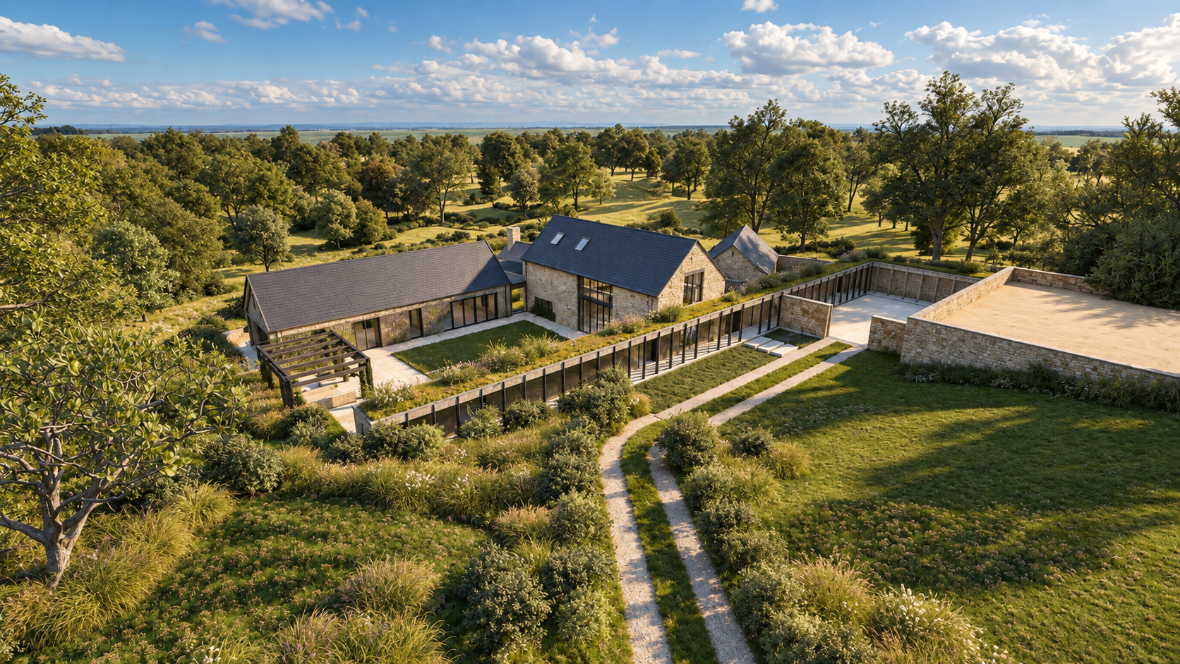 Aerial visualisation of a country house and outbuildings arranged around a courtyard within landscaped grounds.
