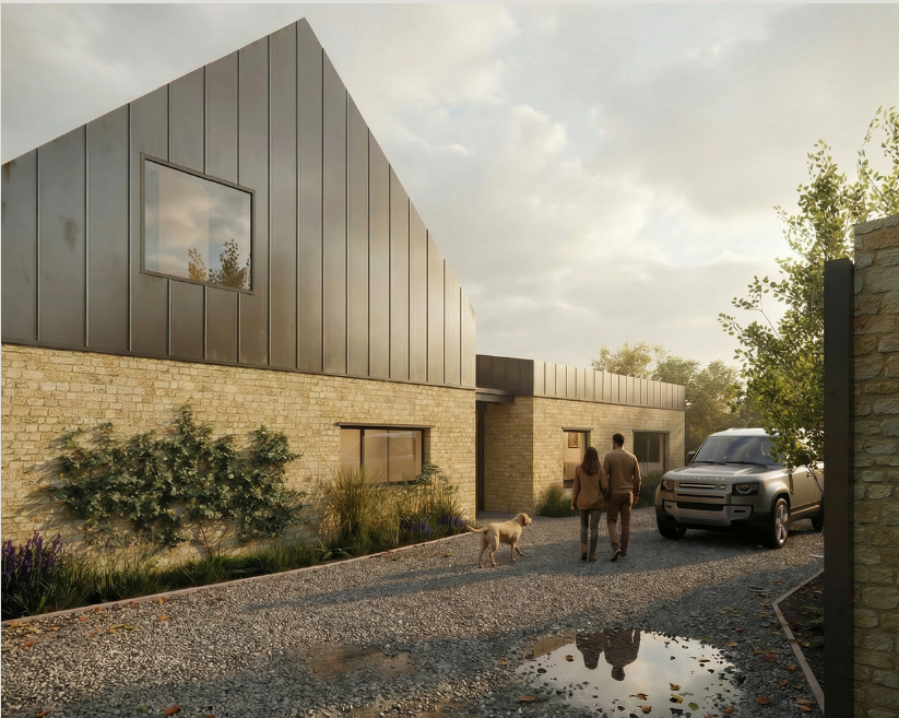 Architectural visualisation of a contemporary home with stone walls, metal cladding and a gravel driveway.