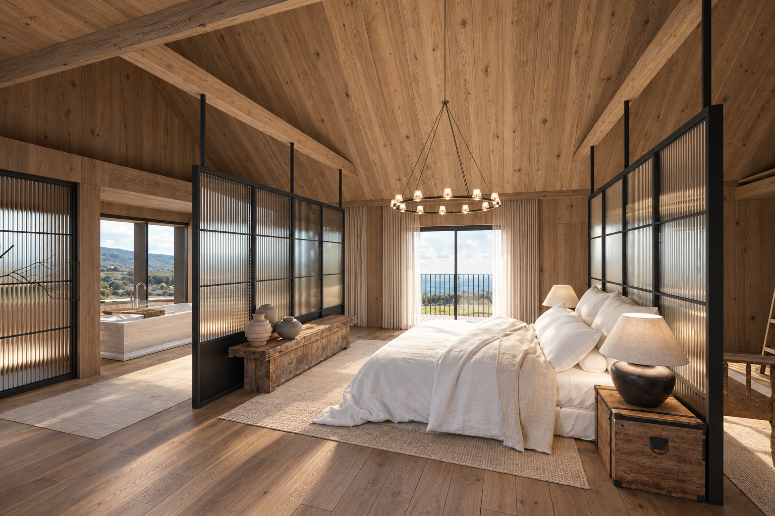 Bedroom interior at The Grange with a vaulted timber ceiling and glass partitions.