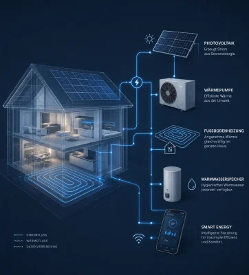 Schematische Darstellung eines modernen Heizsystems mit Wärmepumpe, Photovoltaik, Fußbodenheizung, Warmwasserspeicher und Smart-Home-Steuerung für individuelle Wärmepumpenlösungen.