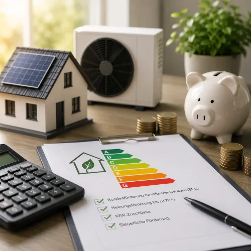Unterlagen zur Wärmepumpen-Förderung mit Energieeffizienzklasse, Taschenrechner, Sparschwein und Hausmodell für staatliche Zuschüsse und effizientes Heizen.
