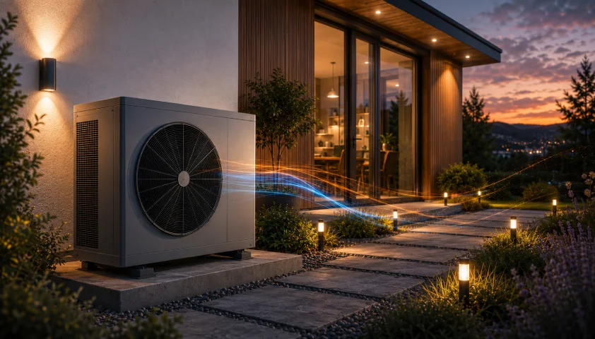 Moderne Luft-Wasser-Wärmepumpe an einem Einfamilienhaus in der Dämmerung – energieeffizientes und nachhaltiges Heizen mit moderner Heiztechnik.