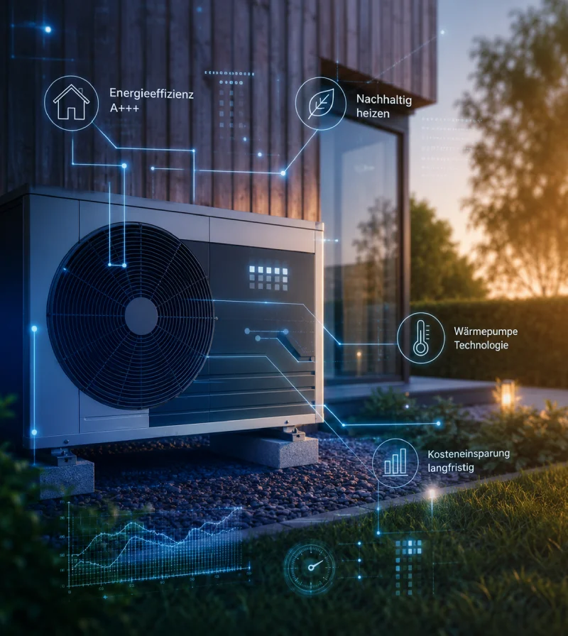 Moderne Wärmepumpe vor einem Einfamilienhaus mit digitalen Energie- und Effizienzanzeigen für nachhaltiges und intelligentes Heizen.