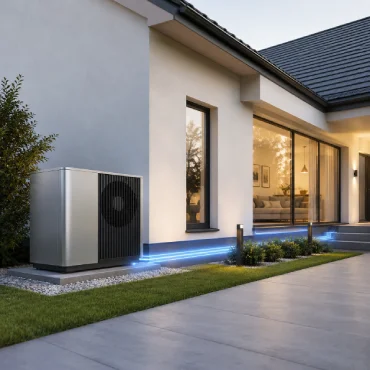 Moderne Luft-Wasser-Wärmepumpe neben einem Einfamilienhaus als Symbol für niedrige Energiekosten und effizientes Heizen.