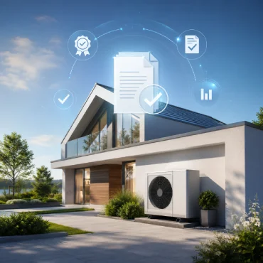 Modernes Einfamilienhaus mit Luft-Wasser-Wärmepumpe und Symbolen für staatliche Wärmepumpen-Förderung