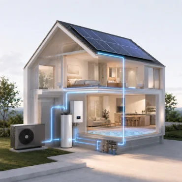 Individuell geplantes Wärmepumpensystem mit Außeneinheit, Warmwasserspeicher, Fußbodenheizung und Photovoltaik an einem Einfamilienhaus.
