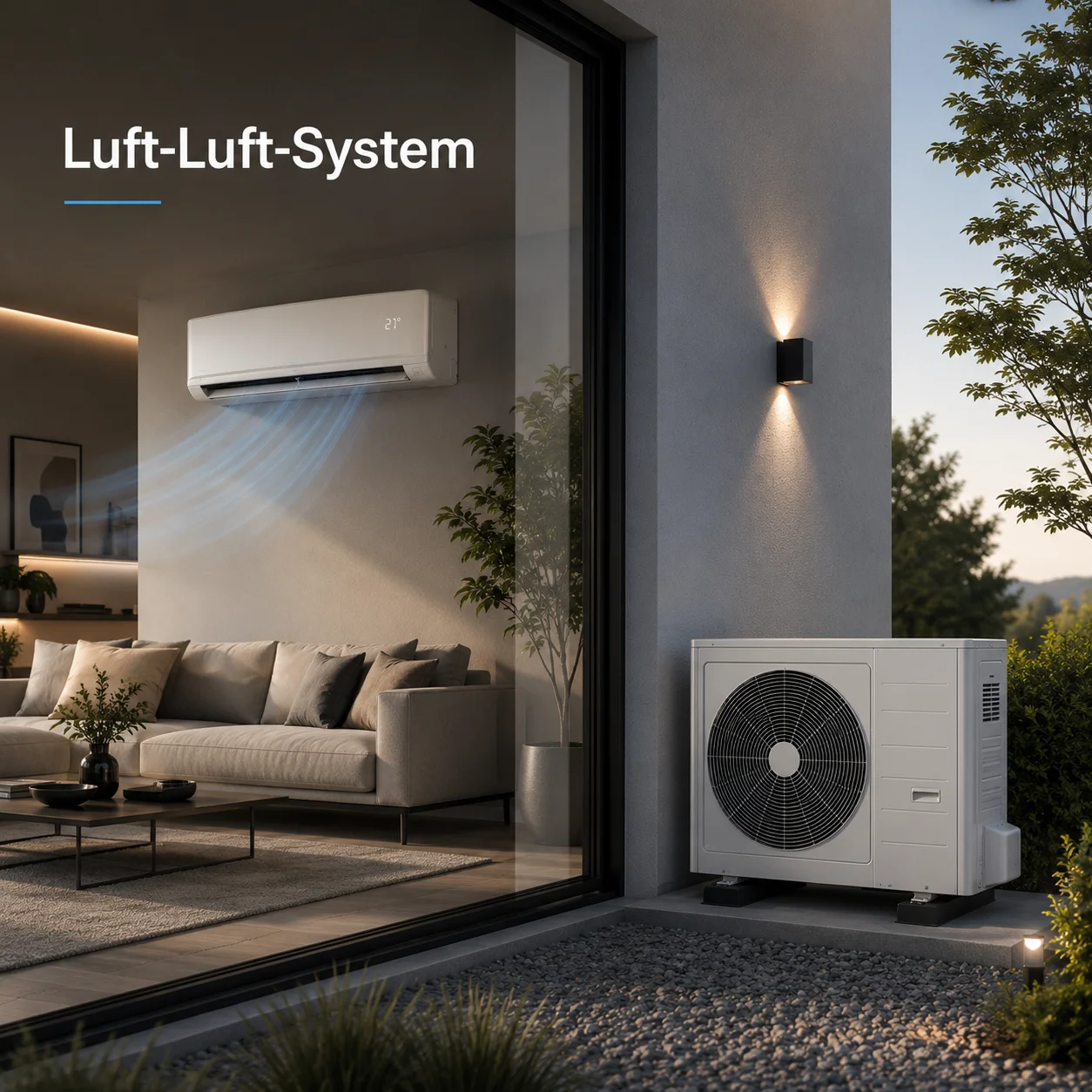 Modernes Luft-Luft-Wärmepumpensystem mit Außengerät und wandmontierter Inneneinheit in einem modernen Wohnhaus.
