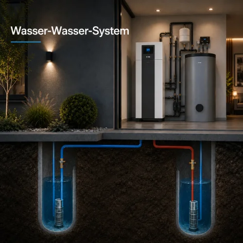 Wasser-Wasser-Wärmepumpe mit Förder- und Schluckbrunnen sowie Warmwasserspeicher in einem Einfamilienhaus