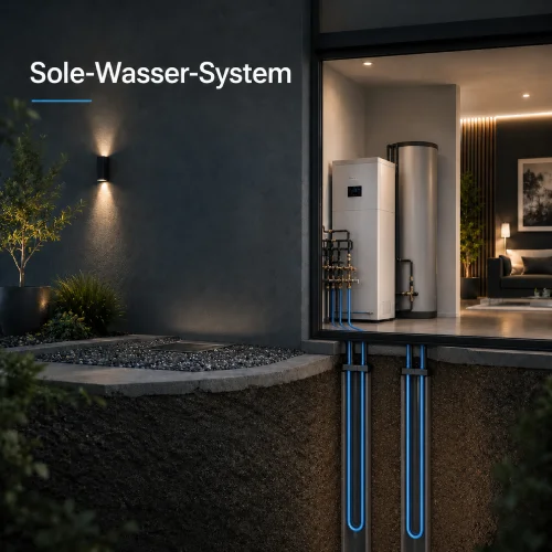 Sole-Wasser-Wärmepumpe mit Erdsonden und Warmwasserspeicher in einem modernen Einfamilienhaus