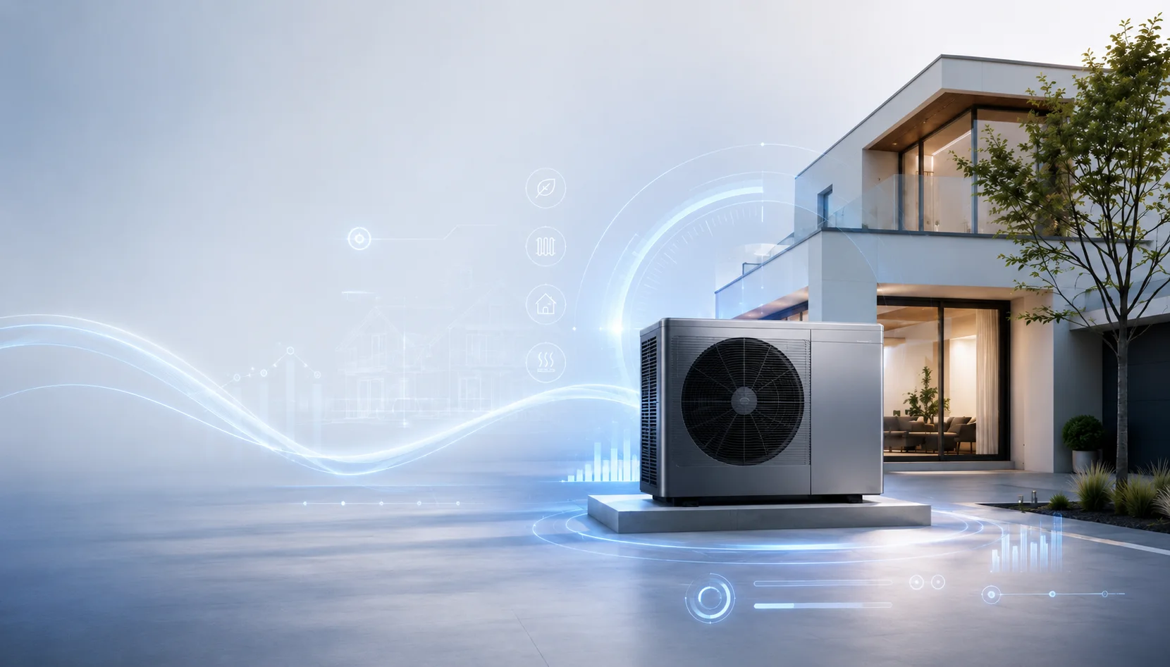 Moderne Luft-Wasser-Wärmepumpe vor einem Einfamilienhaus mit digitalen Energie- und Nachhaltigkeitssymbolen.