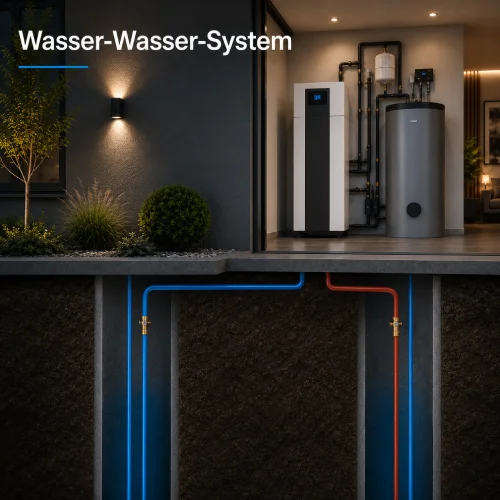 Wasser-Wasser-System mit Wärmepumpe, Warmwasserspeicher und Grundwasserleitungen zur effizienten Nutzung von Grundwasser als Energiequelle.
